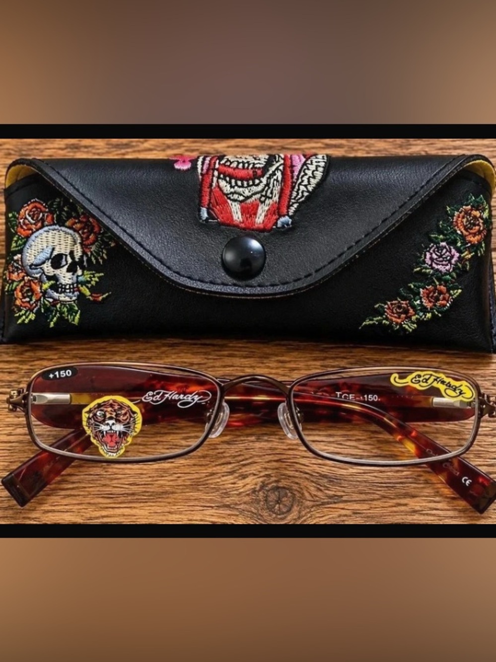 Ed Hardy Tortoiseshell Glasses with Embroidered Black Skull Case
